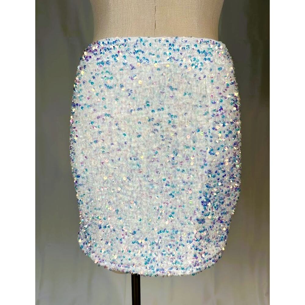 NWT Nasty Gal Iridescent Sequin Mini Skirt White Sparkle Outfit - Picture 4 of 6